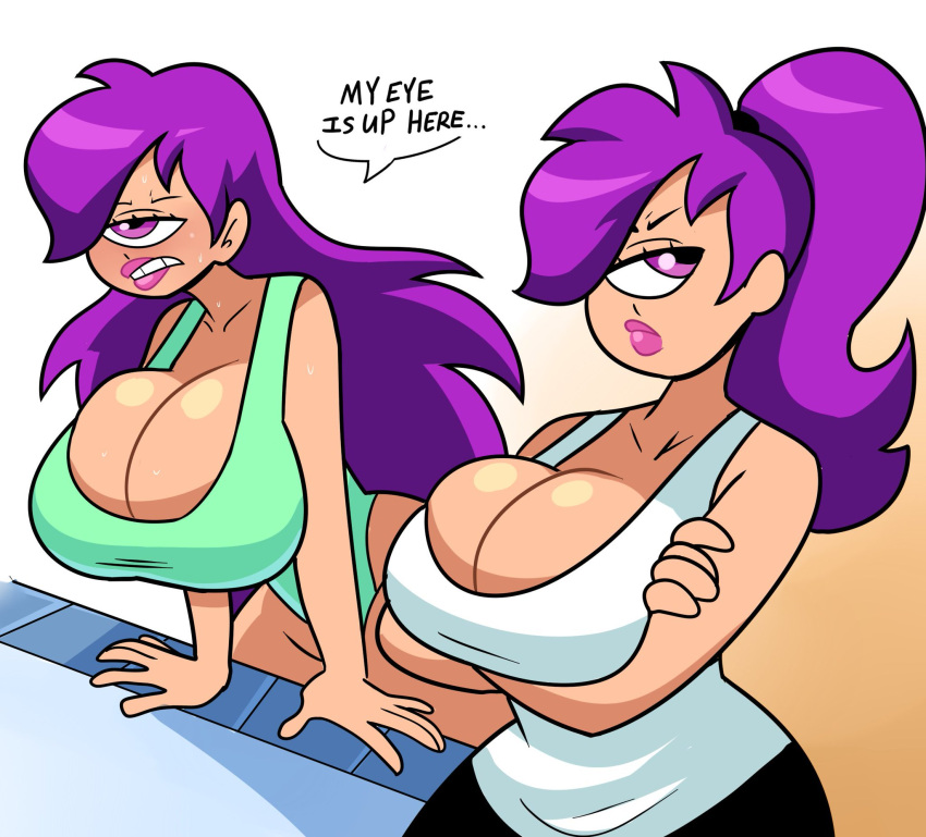 1_eye big_breasts big_butt black_pants blush breasts cleavage futurama green_swimsuit huge_breasts ponytail purple_eyes purple_hair superspoe swimsuit turanga_leela white_shirt