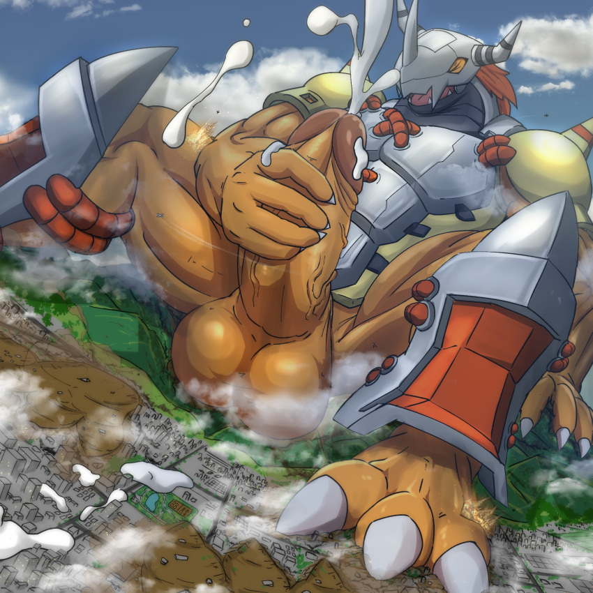 aircraft airplane anthro armor balls bandai_namco big_muscles big_penis bodily_fluids city claws closed_eyes cloud cum cum_on_city cumshot digimon digimon_(species) dragon ejaculation genital_fluids genitals hair hand_on_floor hand_on_penis headgear helmet hi_res horn landscape_dwarfing macro macro_male male male_only masturbation mfive_(artist) mostly_nude muscular muscular_anthro muscular_male open_mouth orange_body orange_skin orgasm_face outside penis red_hair sky solo teeth toe_claws tongue vein veiny_penis wargreymon