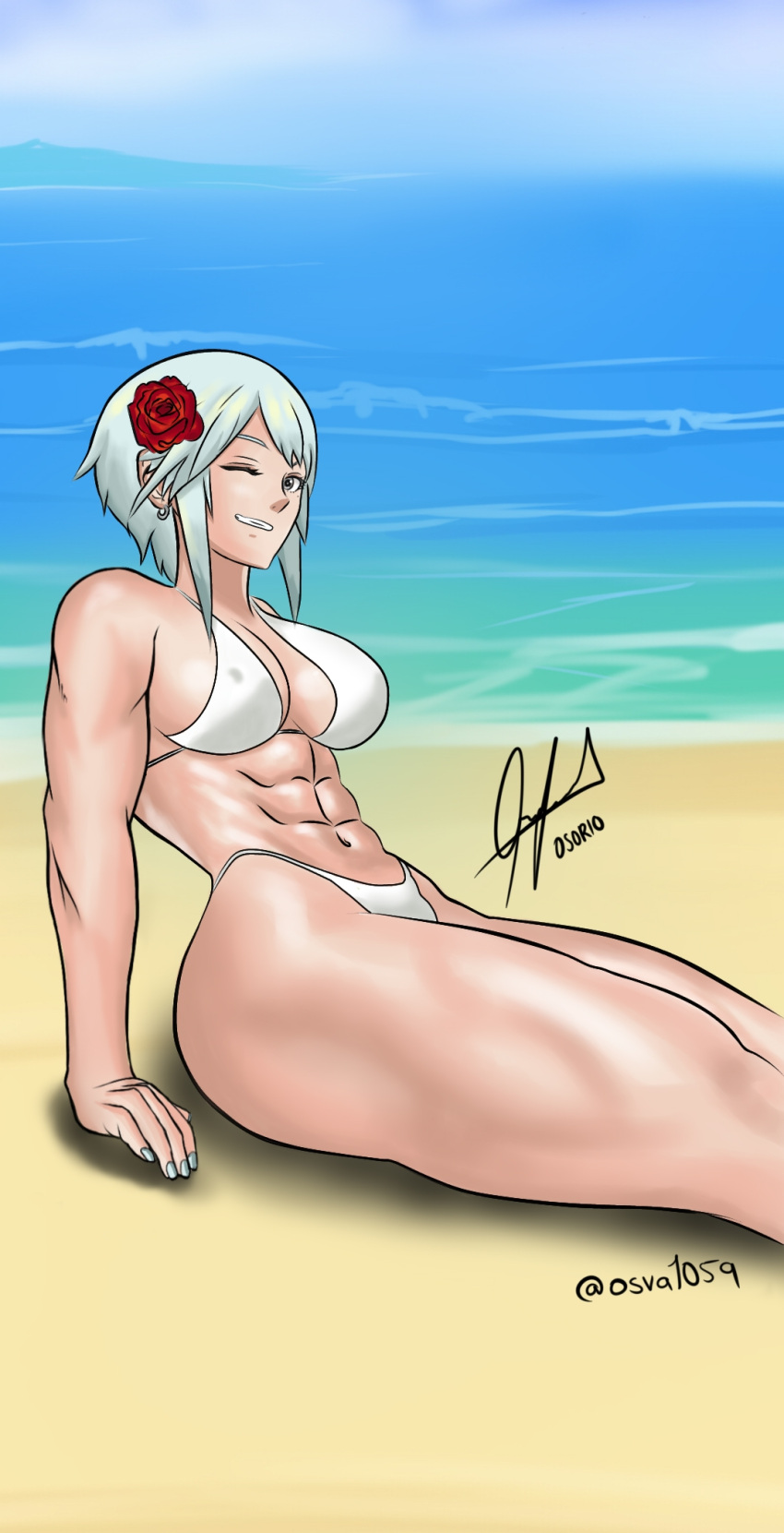 1girls ;d abs alternate_costume beach big_breasts bikini dagr_(fire_emblem) earrings fire_emblem fire_emblem_heroes grin hair_flower looking_at_viewer medium_hair muscular muscular_female nail_polish nintendo nipple_bulge ocean one_eye_closed osva1059 seaside sideboob silver_eyes silver_hair silver_nails sitting smile solo solo_female swimsuit thick_thighs white_bikini white_swimsuit wink