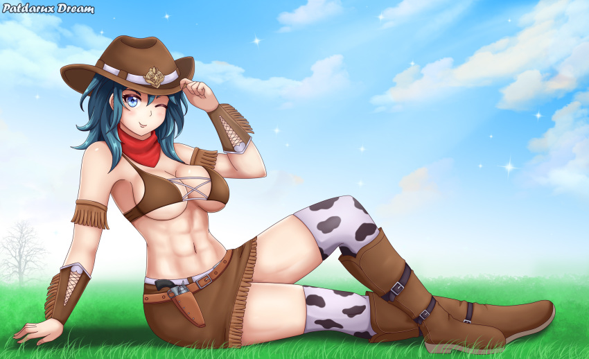 1girls abs alternate_costume animal_print bare_midriff bare_thighs blue_eyes boots breasts byleth_(fire_emblem) byleth_(fire_emblem)_(female) cow_print cowboy_hat female fire_emblem fire_emblem:_three_houses firearm gun handgun hat highres human large_breasts looking_at_viewer medium_hair muscular muscular_female nintendo one_eye_closed outdoors patdarux revolver sideboob sitting smile solo underboob weapon western wink