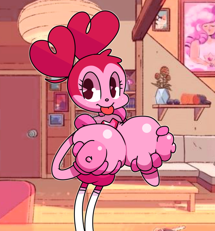 1girls big_breasts breast_grab cartoon_network cute female female_only grabbing_own_breast holding_breast horaco huge_breasts pac-man_eyes pink_eyes pink_hair pink_nipples pink_skin smile spinel_(steven_universe) steven_universe steven_universe:_the_movie thehoraco tongue_out