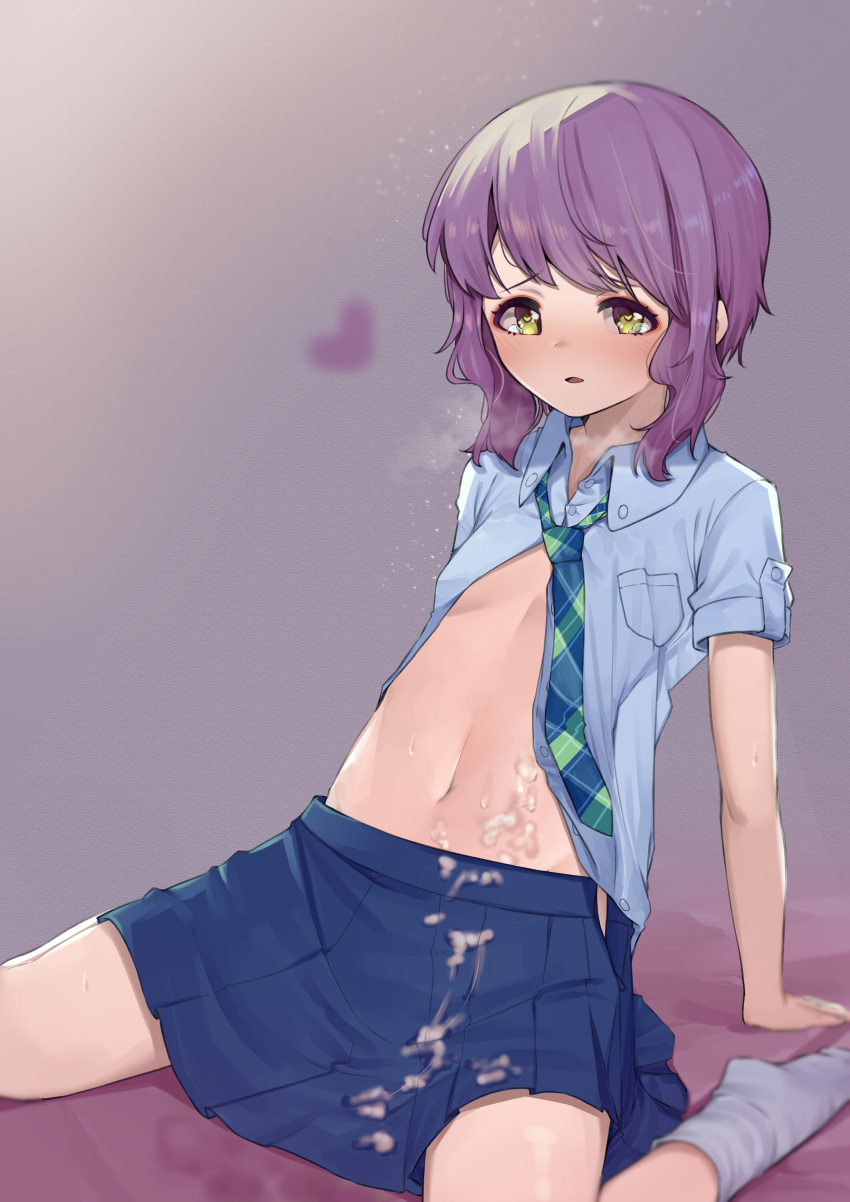 absurdres blurry blush chance_(artist) cum cum_on_body cum_on_skirt depth_of_field female heart highres huge_filesize idolmaster idolmaster_million_live! looking_at_viewer loose_necktie makabe_mizuki navel necktie open_clothes parted_lips purple_hair school_uniform short_hair sitting skirt solo undressing wariza yellow_eyes