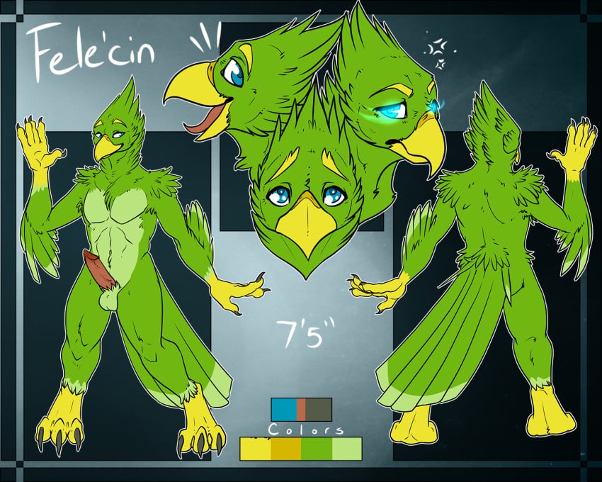 3_toes 4_fingers accipitrid accipitriform annoyed anthro avian balls beak bird bird_feet blue_eyes danji-isthmus english_text erection expressions feathered_crest feathers feet fele'cin_kirinova fingers genitals glowing glowing_eyes green_balls green_body green_feathers happy head_crest hi_res lean_muscle male model_sheet penis solo tall talons text toes worried yellow_beak yellow_body yellow_skin