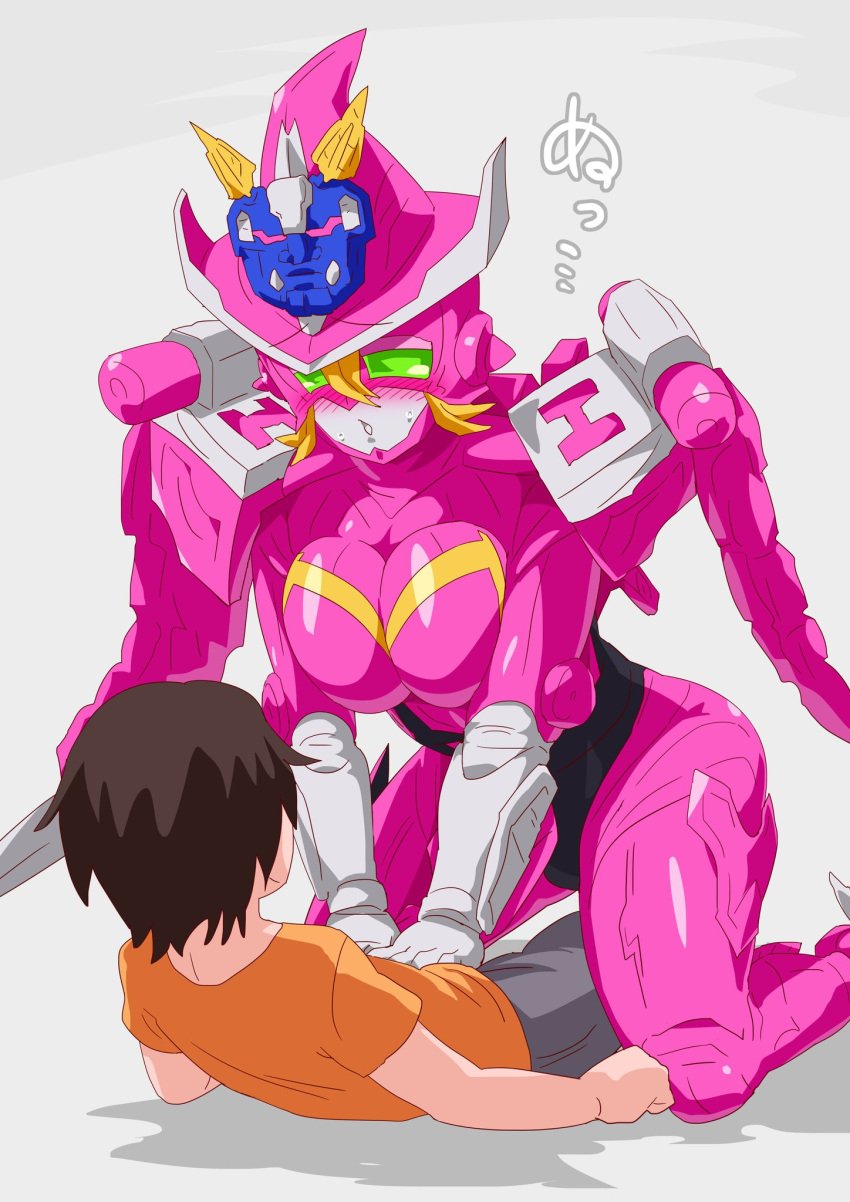 1boy 1girls 2021 bent_over blonde_hair blue_mask blush_stickers breasts brown_hair cum dragon_girl facial female games green_eyes green_skin grey_panties highres kabuki kikai_sentai_zenkaiger lying magine mecha mechanical_wings orange_shirt otokam1117 pink_skin red_cheeks robot_girl sitting_up super_sentai tag tokusatsu touching unseen_male_face white_skin wingless_dragon witch zenkai_magine