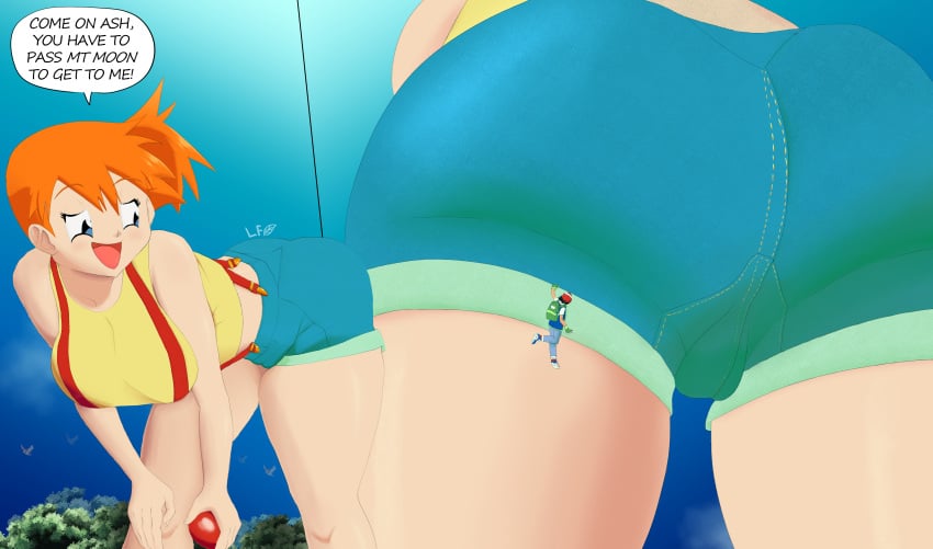 ass ass_focus bent_over big_breasts big_butt bigger_female black_hair blue_eyes blush breasts cameltoe cap comic female_domination female_focus female_human game_freak gen_1_pokemon giant_ass giantess ginger ginger_hair jacket jean_shorts jorts kasumi_(pokemon) leafy_feathers legs macro_female nintendo onisuzume orange_hair pokeball pokemon satoshi_(pokemon) short_hair shorts side_ponytail size_difference smug smug_expression smug_face sneakers spearow yellow_shirt