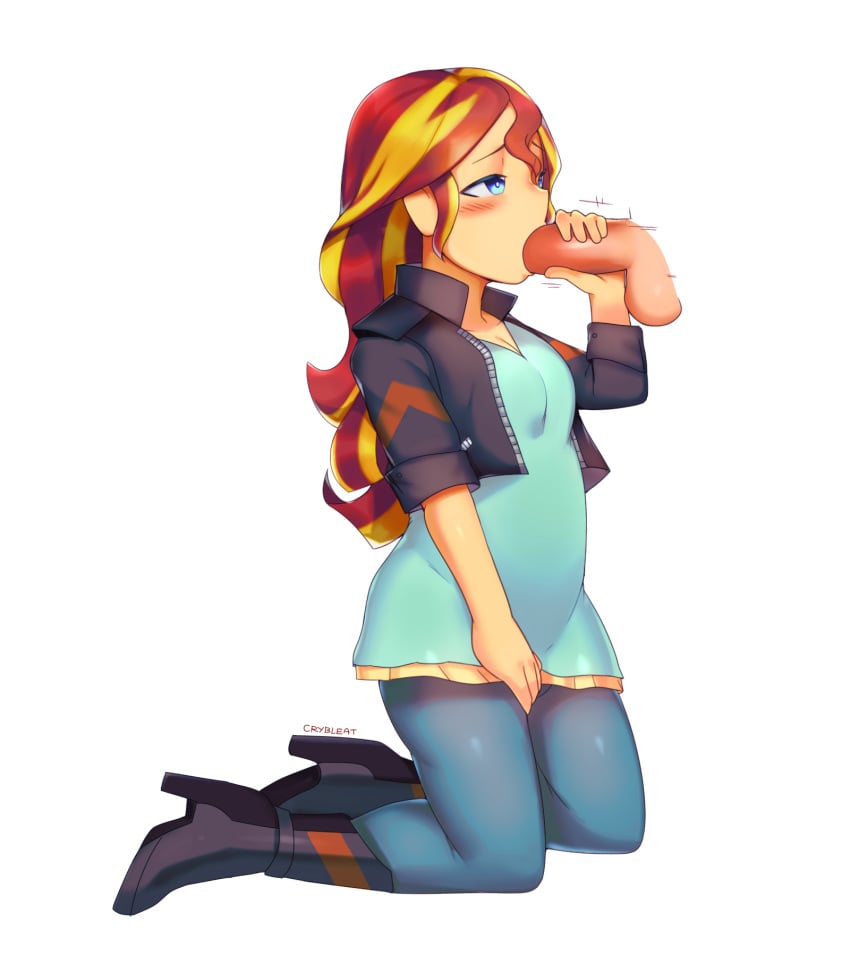 blue_eyes cleavage crybleat equestria_girls female_focus fully_clothed heels long_hair multicolored_hair my_little_pony oral red_hair straight sunset_shimmer yellow_hair