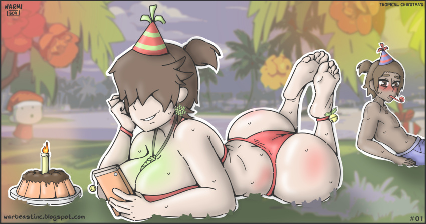 1boy 1girls barefoot beach big_ass big_breasts bikini bikini_bottom bikini_top blush cellphone christmas couple dark-skinned_male dark_skin dat_ass female_focus hair_between_eyes jello jelly leeous_(warbeastinc.) light-skinned_female light_skin oc original original_character party_hat short_hair smiling straight sweating warbeastinc. warmi_(warbeastinc.)