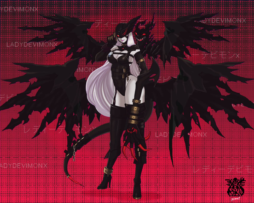 1girls 4_wings dclaret demon demon_girl demon_tail demon_wings digimon digimon_(species) female female_only ladydevimon solo tail white_hair wings