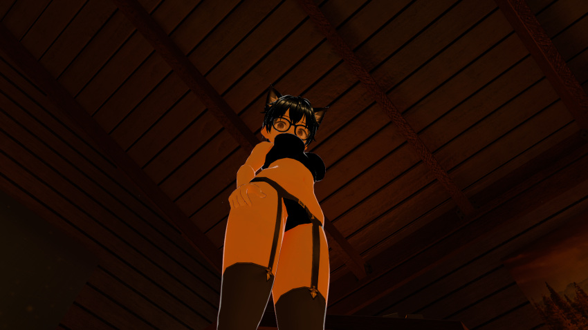 breasts cat_ears catgirl catgirllydia glasses panties sideboob sleepycatgamedev solo thigh_highs thigh_socks thigh_strap thighs underboob underwear vrchat youtuber_girl