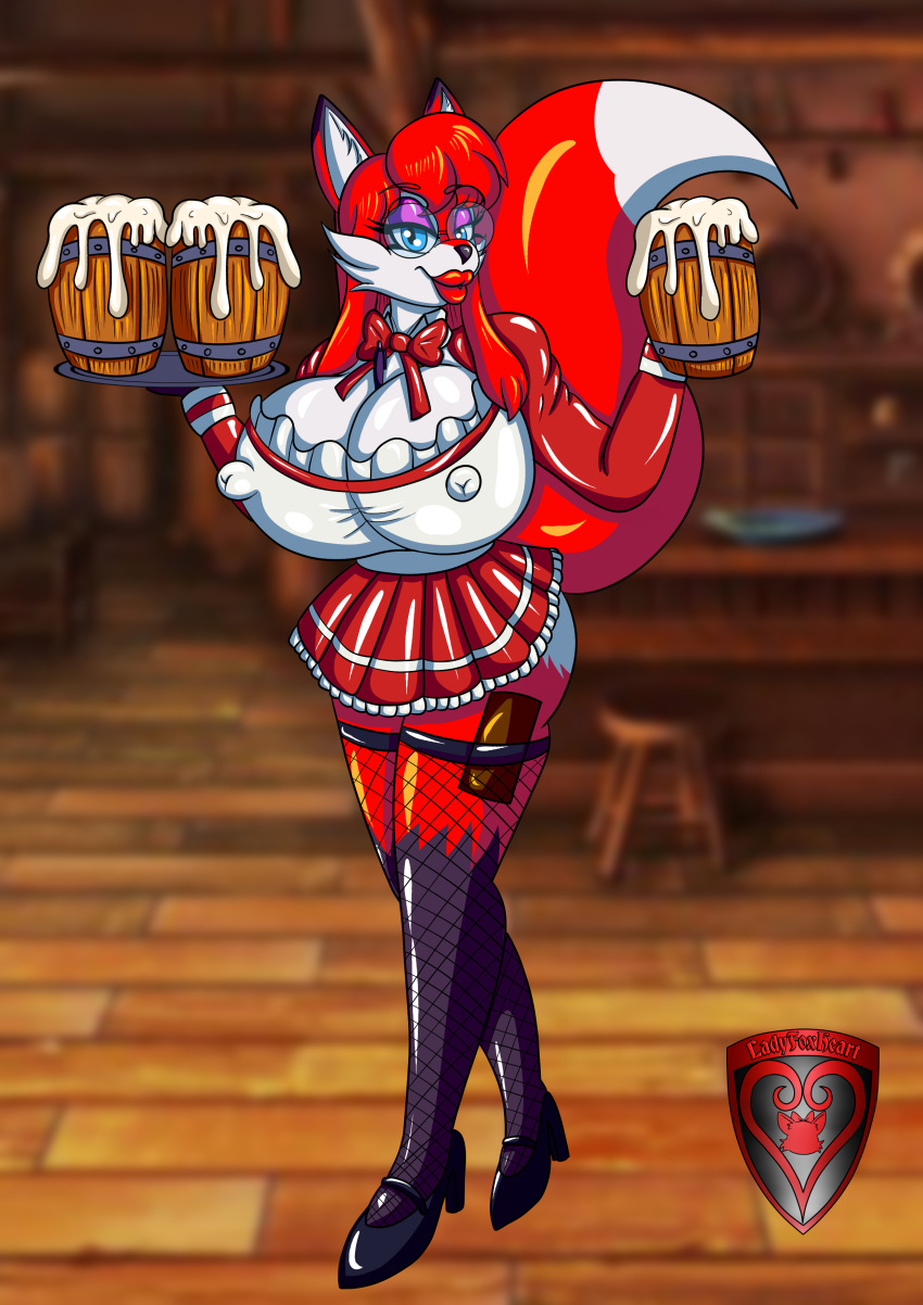 absurd_res anthro bar barmaid bimbo_lips bodily_fluids breasts canid canine clothing cum cum_in_a_cup erect_nipples fishnet footwear fox futa_only futanari genital_fluids gynomorph herm hi_res high_heels intersex ladyfoxheart latex lips maid_uniform mammal nipples public public_nudity sally_foxheart stilettos thick_lips uniform waiter