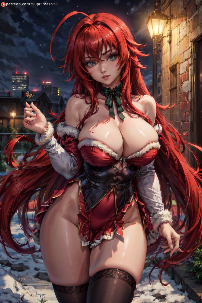 1girls ahoge ai_generated big_breasts blue_eyes breasts christmas christmas_clothing christmas_outfit cleavage curvaceous curvy curvy_body curvy_female curvy_figure female female_only high_school_dxd long_hair red_hair rias_gremory small_waist solo supr3metr thighhighs thighs xmas