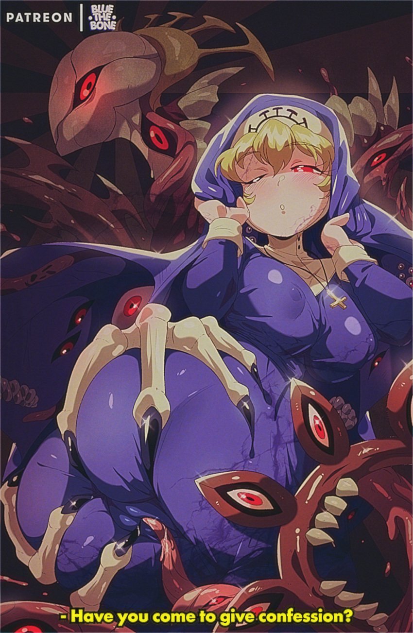 1girls ass ass_grab blonde_hair bluethebone breasts cameltoe covered_nipples double_(skullgirls) english_text erect_nipples erect_nipples_under_clothes female nipple_bulge nipples_visible_through_clothing nun one_eye_closed red_eyes skullgirls tagme tentacle