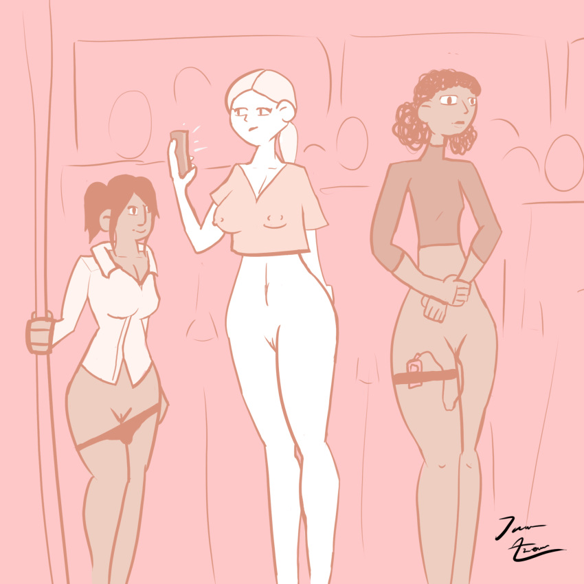 3girls bottomless bottomless_female casual casual_bottomless casual_nudity crop_top crop_top_only exhibitionism female female_only javaazera multiple_girls original_character original_characters public public_nudity sex_toy sketch train train_interior vibrator vibrator_in_pussy