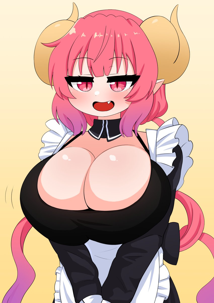 1girls alternate_version_available big_breasts blush breast_focus breasts bursting_breasts cleavage clothing female female_only hair half-closed_eyes horns huge_breasts ilulu_(dragon_maid) large_breasts maid maid_headdress maid_uniform miss_kobayashi's_dragon_maid motion_lines pink_eyes pink_hair pointy_ears shortstack smile solo solo_female the_only_shoe