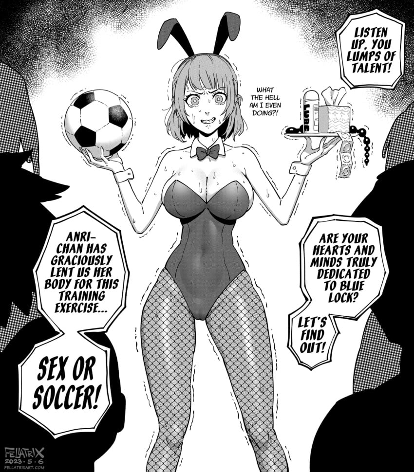 1girls anal_beads anal_beads_on_tray anri_teieri blue_lock blush bowtie bunny_ears bunnysuit condom crown_braid embarrassed english english_text fellatrix female female_focus greyscale group lube lube_bottle rabbit_ears short_hair soccer soccer_ball solo_focus speech_bubble sweat