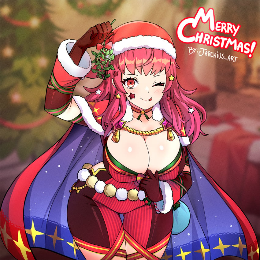 1girls alternate_costume breasts choker christmas cleavage clothes_pull clothing_cutout facial_mark female female_only fire_emblem fire_emblem_engage fire_emblem_heroes hair_ornament hat highres holly_hair_ornament jarckius large_breasts merry_christmas nintendo official_alternate_costume one_eye_closed pink_choker santa_hat side_cutout solo star_(symbol) star_facial_mark star_hair_ornament teasing two-tone_cape yunaka_(fire_emblem) yunaka_(fire_emblem)_(spirited_envoy)