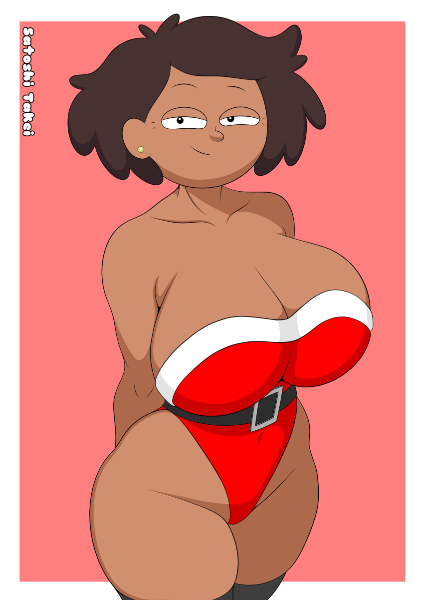 1girls amphibia big_breasts black_thighhighs breasts brown_hair christmas christmas_outfit cleavage clothing ear_piercing earrings female female_only hair hips huge_breasts legwear mature mature_female mature_woman milf mother mrs._boonchuy oum_boonchuy satoshi_takei smile solo solo_female thick_thighs thighhighs thighs wide_hips