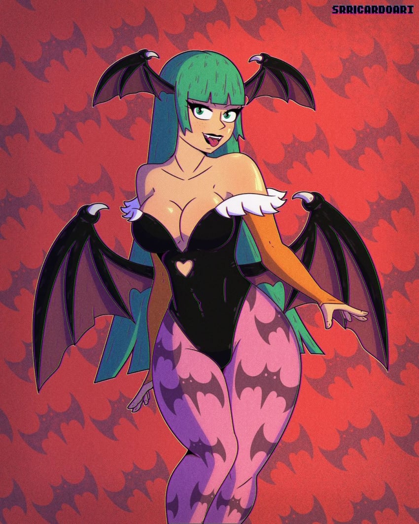 blunt_bangs breasts capcom cleavage clothing covered_navel darkstalkers fangs female green_eyes green_hair head_wings large_breasts long_hair looking_at_viewer morrigan_aensland naughty_face seductive seductive_smile skin_tight small_breasts smile solo srricardo srricardoart succubus tagme thick_thighs vampire_(game) wing