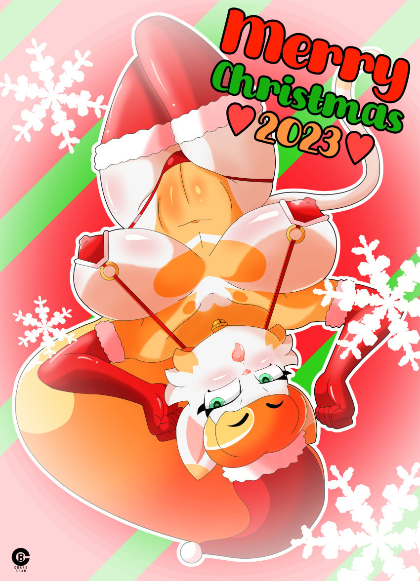 absurd_res anthro breasts christmas christmas_clothing christmas_headwear clothing costume cranebear domestic_cat felid feline felis female hat headgear headwear hi_res holidays jessica_young_melis mammal pinup pose santa_costume santa_hat snow solo