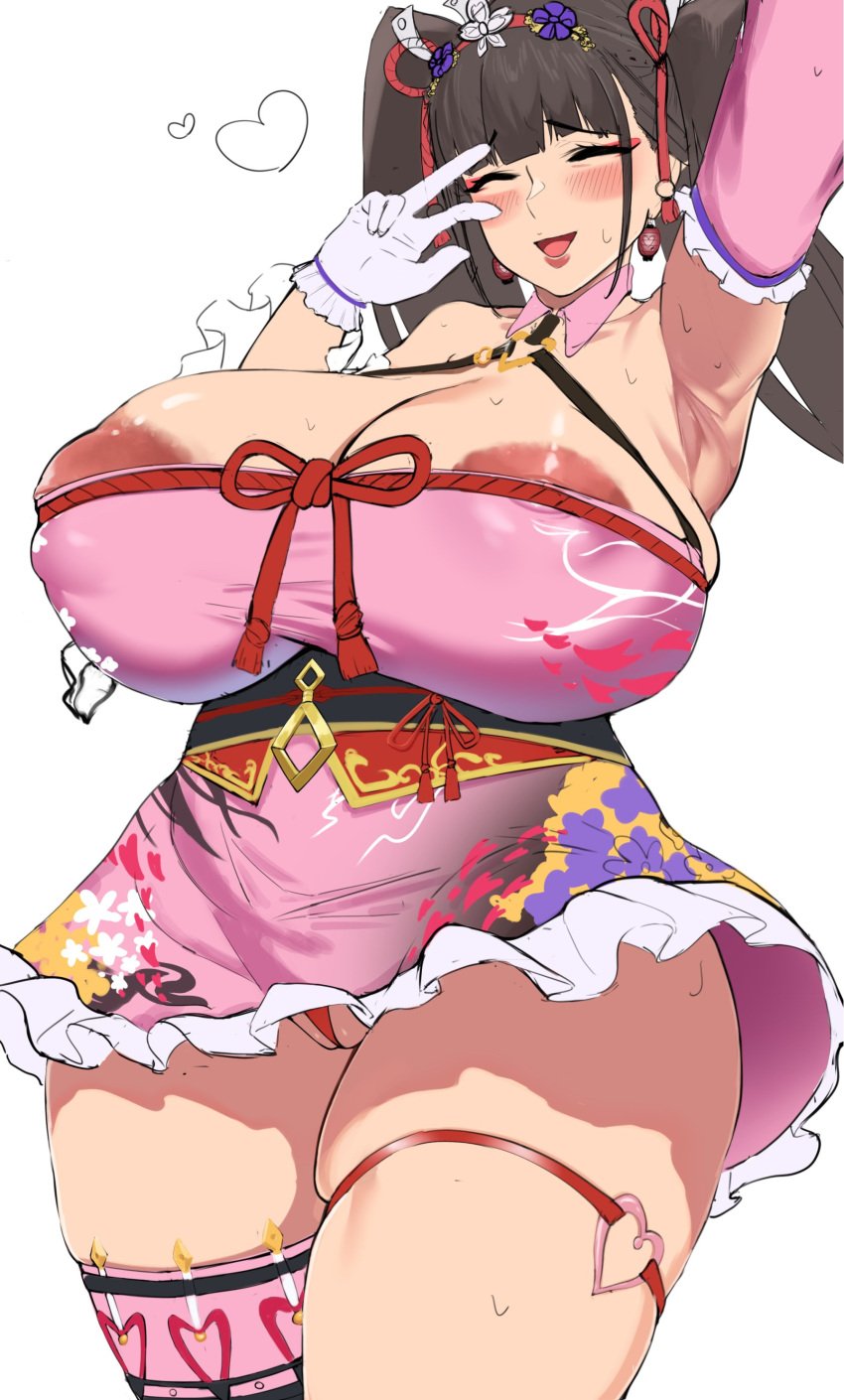 1girls areolae blush blush_lines blushing breasts busty cleavage closed_eyes curvaceous curvy curvy_body curvy_female curvy_figure female female_only huge_breasts kunoichi_enrai kunoichi_enrai_(magical_girl_outfit) large_breasts last_origin light-skinned_female light_skin nipples nohohon solo thick_thighs thigh_strap thighs twintails voluptuous