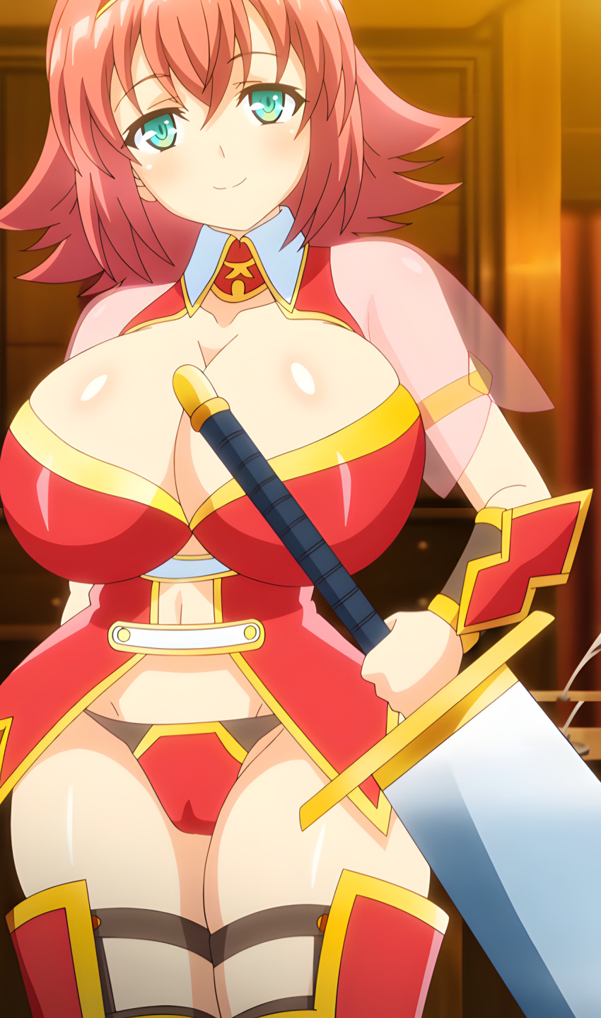 1girls armor belly big_breasts blush breasts clothed clothing collarbone curvaceous curvy curvy_body curvy_female curvy_figure eyebrows eyelashes female female_only gloves green_eyes holding holding_object holding_sword huge_breasts large_breasts legs legs_together light-skinned_female light_skin looking_at_viewer medium_hair pale-skinned_female pale_skin red_hair renseijutsushi_collet_no_h_na_shibo_shirage_monogatari revealing_clothes screencap screenshot smile standing stomach sword sylvia_l_brave thick_thighs thighs voluptuous voluptuous_female white_skin