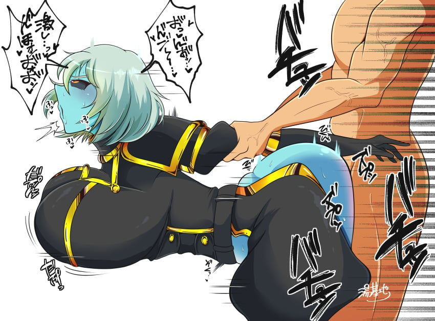 1boy 1girls ahe_gao anasteria arm_grab armor ass bent_over black_sclera blue_skin blush bouncing_breasts breasts colored_sclera colored_skin doggy_style female from_side gauntlets grey_hair grim_dawn huge_breasts large_ass large_breasts male moaning motion motion_lines open_mouth rough_sex saliva sex short_hair shoulder_pads sweat uniform vaginal_penetration yellow_eyes yukichi100yu