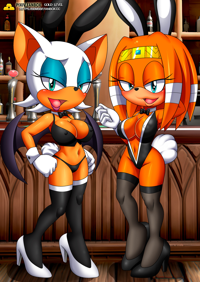 2d bbmbbf big_breasts blush blushing bra bunny_ears bunnysuit busty cameltoe erect_nipples eyeshadow headband high_heels horny lipstick looking_at_viewer makeup mobian mobian_(species) mobian_echidna mobius_unleashed orange_fur palcomix panties rouge_the_bat sega sonic_(series) sonic_adventure sonic_the_hedgehog_(series) tikal_the_echidna white_fur