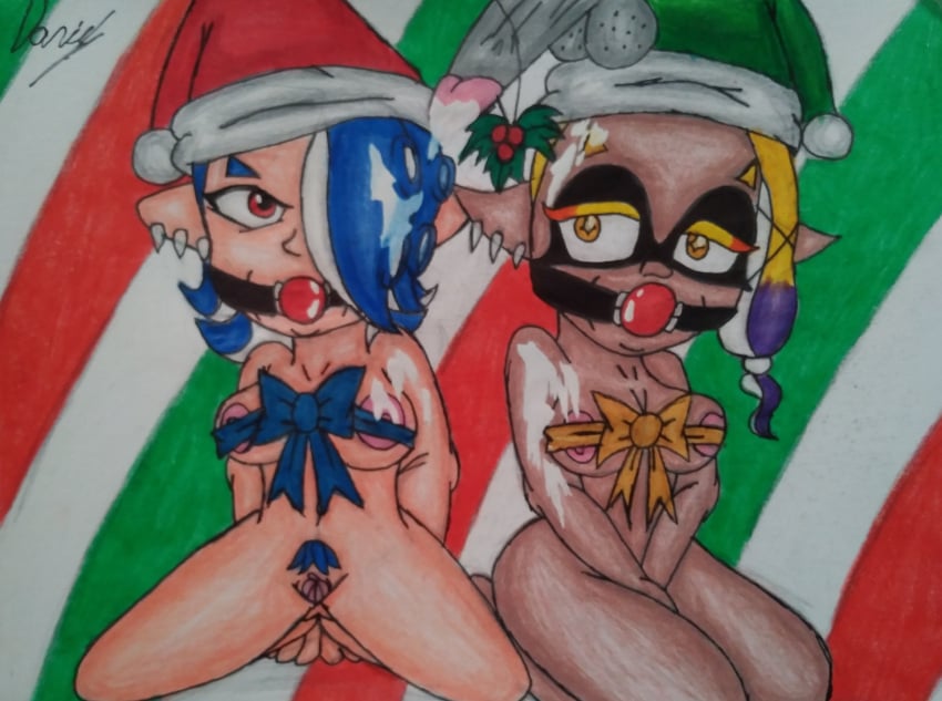 2girls christmas clan_surimi deep_cut_(splatoon) frye_(splatoon) frye_onaga merry_christmas multiple_girls naked nintendo shiver_(splatoon) shiver_hohojiro splatoon splatoon_(series) splatoon_3