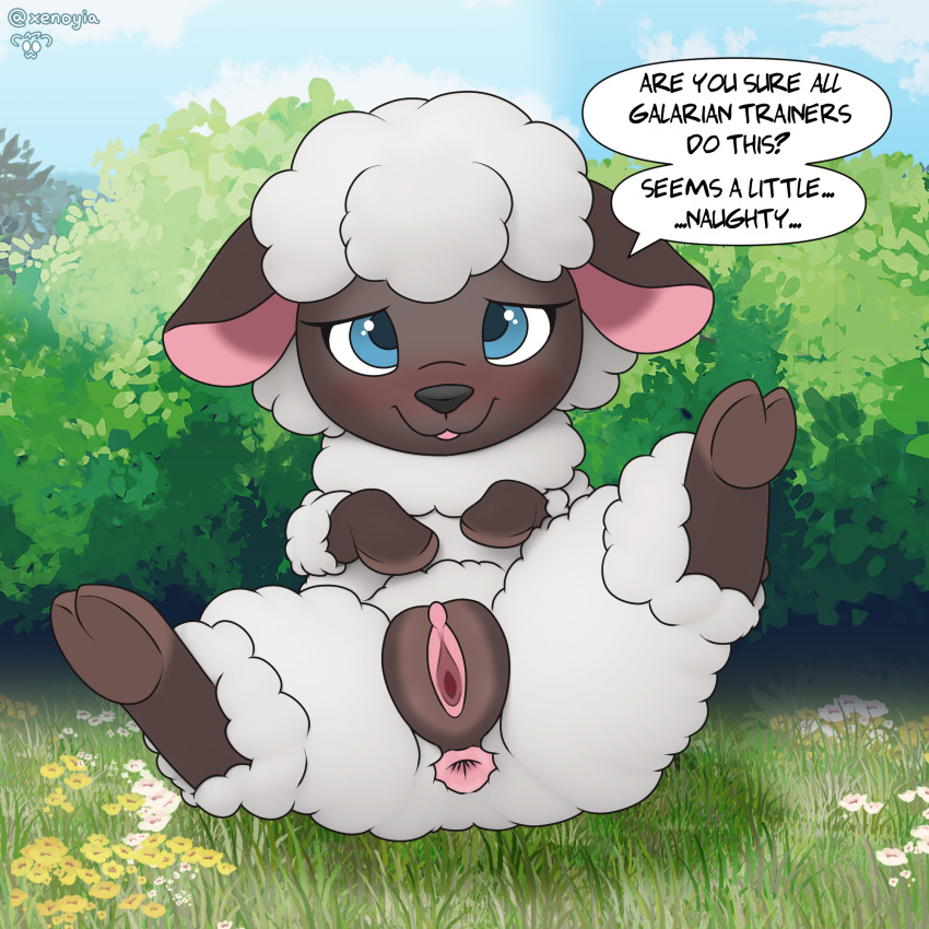 blush bovid caprine female feral generation_8_pokemon hi_res lying mammal nintendo on_back pokemon pokemon_(species) sheep solo wooloo xenoyia_(artist)