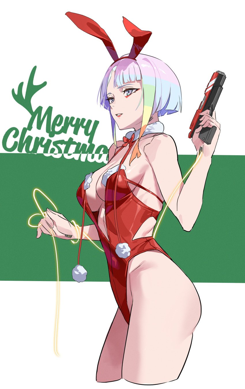 1girls armed big_ass big_breasts bunny_ears bunnysuit cd_projekt_red christmas christmas_outfit cleavage cyberpunk:_edgerunners female female_only heels light-skinned_female light_skin lucyna_kushinada merry_christmas mumei_(artist) pistol pov simple_background smile studio_trigger thick_thighs wholesome