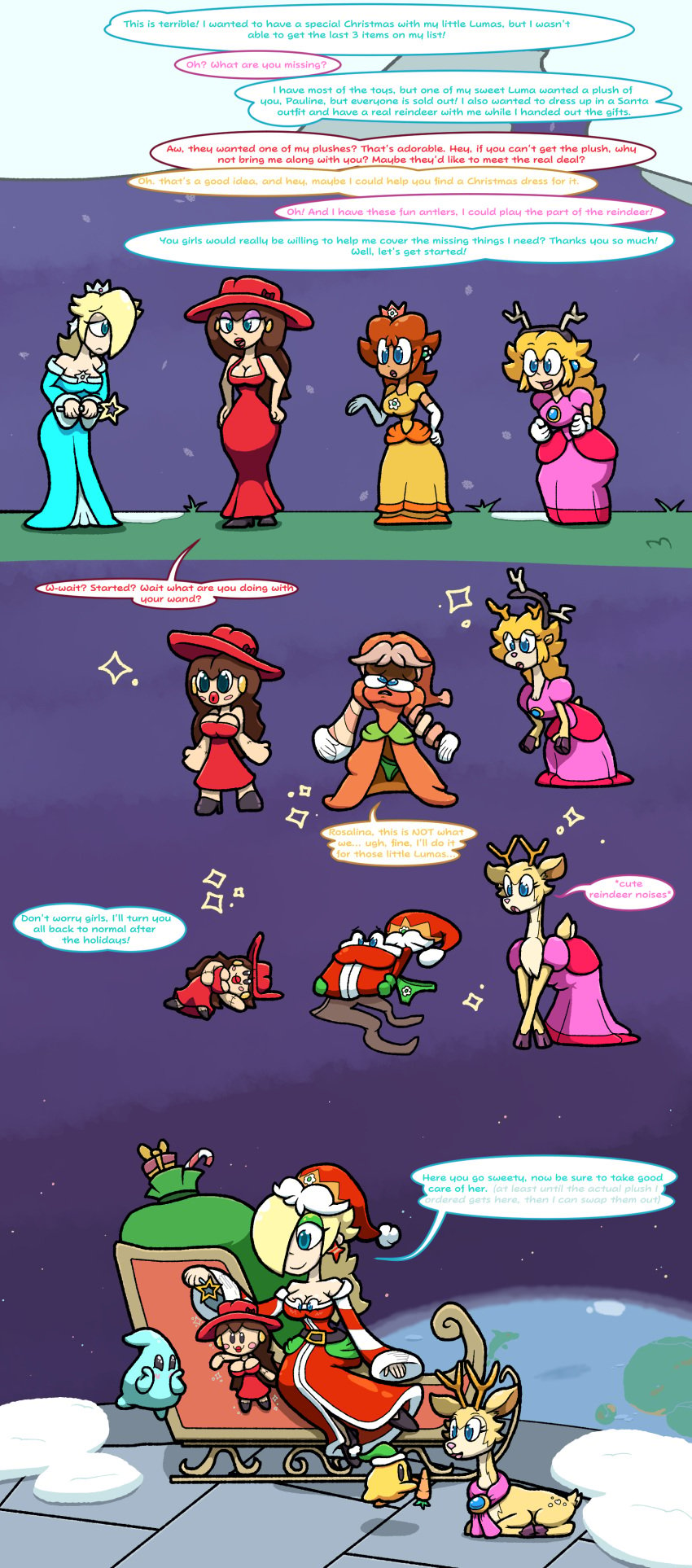 candy_cane carrot chabble clothing clothing_transformation comic consensual_transformation dialogue doll_transformation english_text female female_focus luma mario_(series) outdoors pauline pauline_(mario) png princess_daisy princess_peach princess_rosalina reindeer reindeer_antlers reindeer_costume snow species_transformation speech_bubble super_mario_bros. super_mario_galaxy super_mario_odyssey text toy_transformation transformation transformation_sequence transformation_through_magic