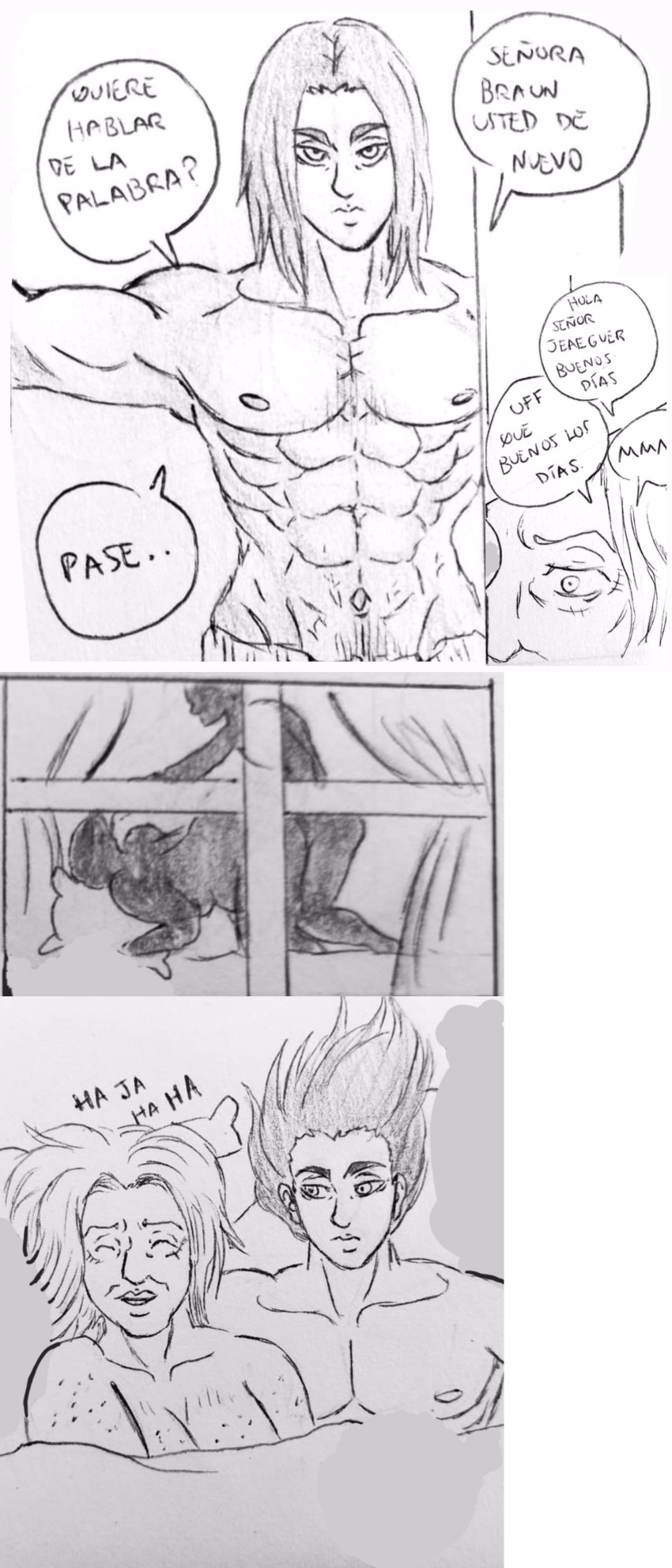 1boy 1milf abs after_sex age_difference athletic_male attack_on_titan black_and_white busty_female chiseled_abs chiseled_body comic cougar cougar_milf crack_pairing doggy_style edited eren_jaeger fit_male friends_mother from_behind_position hand_drawn horny_milf hugging_pillow implied_sex karina_braun laughing long_hair_male lying_on_bed male male_abs milf milf_love_young_man mother mother_and_son's_friend mother_and_son's_rival muscles muscular muscular_abs muscular_male nude older_female older_female_younger_male older_woman_and_younger_boy pencil_(artwork) rivals_mother sex short_hair short_hair_female silhouette silhouette_sex snk_andree_art spanish spanish_text straight straight_sex toned_male young_man_and_milf