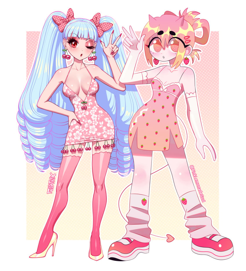 2girls artist_collab artist_name blue_hair character_request cherry clip collaboration curled_hair cute devil_tail dress earrings eyeshadow fellatrix female female_only hair heels long_fingernails long_hair long_nails peace_sign pink_hair pinklemonadegurl red_eyes ribbons shoes short_hair socks strawberry tail twintails updo valentina_(fellatrix)