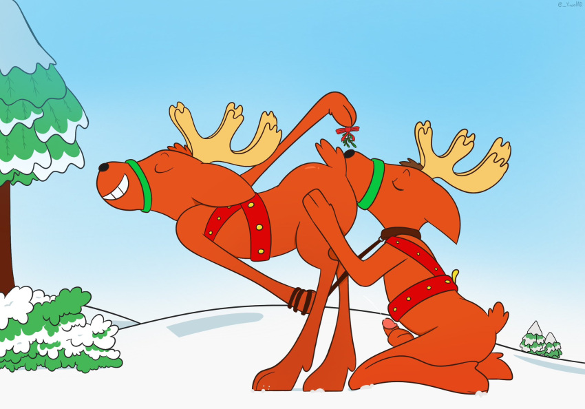 anal anthro antlers bell bell_harness bent_over bodily_fluids brown_hair christmas closed_eyes collar cum deer duo fur genital_fluids genitals hair harness hi_res holidays horn jingle_bell jingle_bell_harness kneeling leash male male/male mammal masturbation mistletoe new_world_deer oral orange_body orange_fur orange_hair outside penile penile_masturbation penis plant reindeer rimming sex smile snow spot's_magical_christmas yiwol