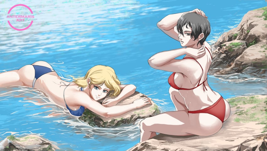 2girls antermaris asian_female ass attack_on_titan back beach bikini black_hair black_hair_female blonde_female blue_bikini blue_eyes christa_lenz dimples_of_venus floating_on_water hand_on_hair historia_reiss looking_at_viewer mikasa_ackerman on_water red_bikini shingeki_no_kyojin sitting sitting_on_rock smile sunny wet_hair white_skinned_female