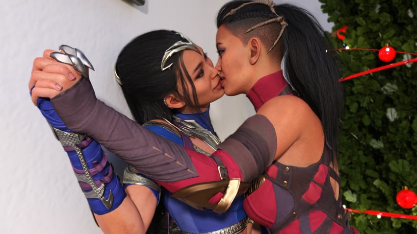 2girls 3d black_hair christmas clone clonecest edenian eye_contact female female_only festive fully_clothed holding_hands imminent_sex incest kitana kiteena mileena mortal_kombat mortal_kombat_1_(2023) pinned princess rayalterego23 royalty sisters yuri