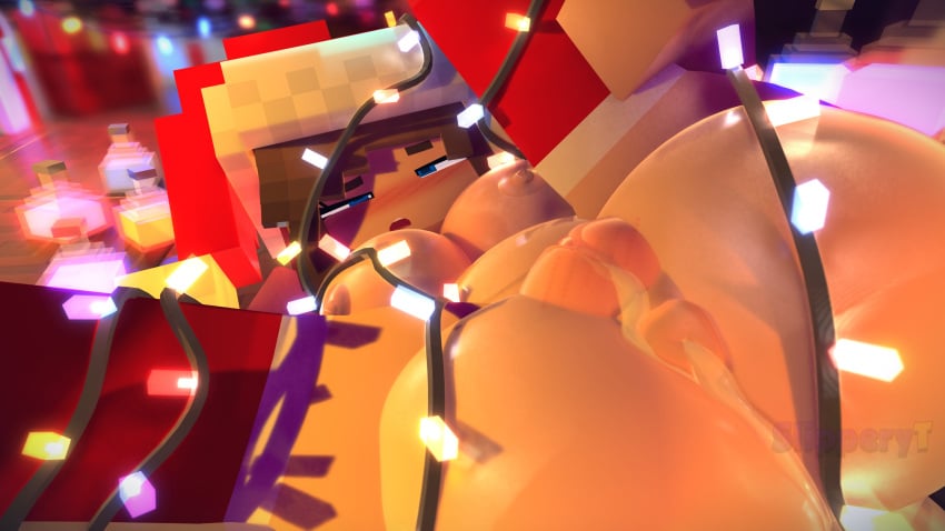 3d 3d_(artwork) after_sex ass big_ass big_breasts big_butt blue_eyes blush breasts brown_hair christmas christmas_lights cum cum_in_ass cum_in_pussy huge_breasts inflation jenny_belle_(slipperyt) large_breasts mine-imator minecraft presenting santa_hat slipperyt thick_ass thick_thighs thighhighs