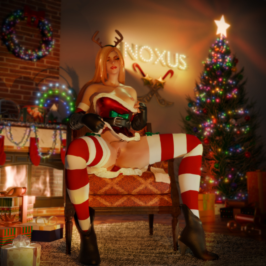 3d blonde_hair breasts breasts breasts_out christmas christmas_outfit katarina_du_couteau league_of_legends lifting_skirt otaviox6 pussy sitting_on_chair slay_belle_katarina