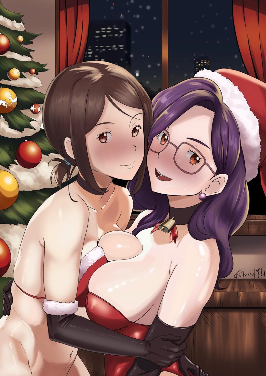 2girls bare_shoulders big_breasts black_choker black_gloves blush blushing breast_docking brown_eyes brown_hair choker choker_bell christmas christmas_clothing christmas_hat christmas_headwear christmas_outfit christmas_tree digimon digimon_adventure_02:_the_beginning earrings female female_only glasses gloves hikari_yagami human leotard light-skinned_female light_skin light_skinned_female long_black_gloves long_gloves long_hair miyako_inoue purple_hair red_leotard short_hair small_breasts teng_zhai_zi