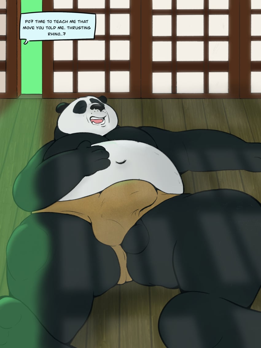 absurd_res balls balls_out bear clothed clothing dialogue dreamworks erection erection_under_clothing feet genitals giant_panda hi_res invalid_tag kung_fu_panda male male_only mamayong_(artist) mammal master_po_ping po sleeping slightly_chubby slightly_chubby_male solo thick unexpected_erection