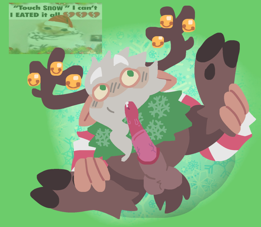 bells cervine_genitalia chimekeeperderg_(artist) chubby embarrassed hooves lineless long_penis looking_away male_only merry_christmas my_singing_monsters old_man presenting_penis reindeer reindeer_antlers santa shy solo yool