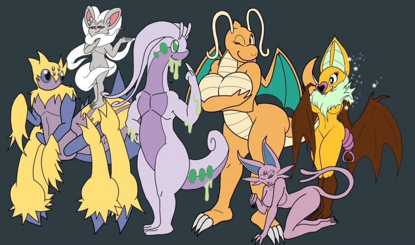 ambiguous_gender anthro big_breasts breasts cinccino dragonite ecn13000 eeveelution espeon female furry galvantula goodra group one_eye_closed pokémon_(species) pokemon pokemon_(species) scalie shiny_pokemon shiny_swoobat simple_background swoobat tagme tail thighs wink