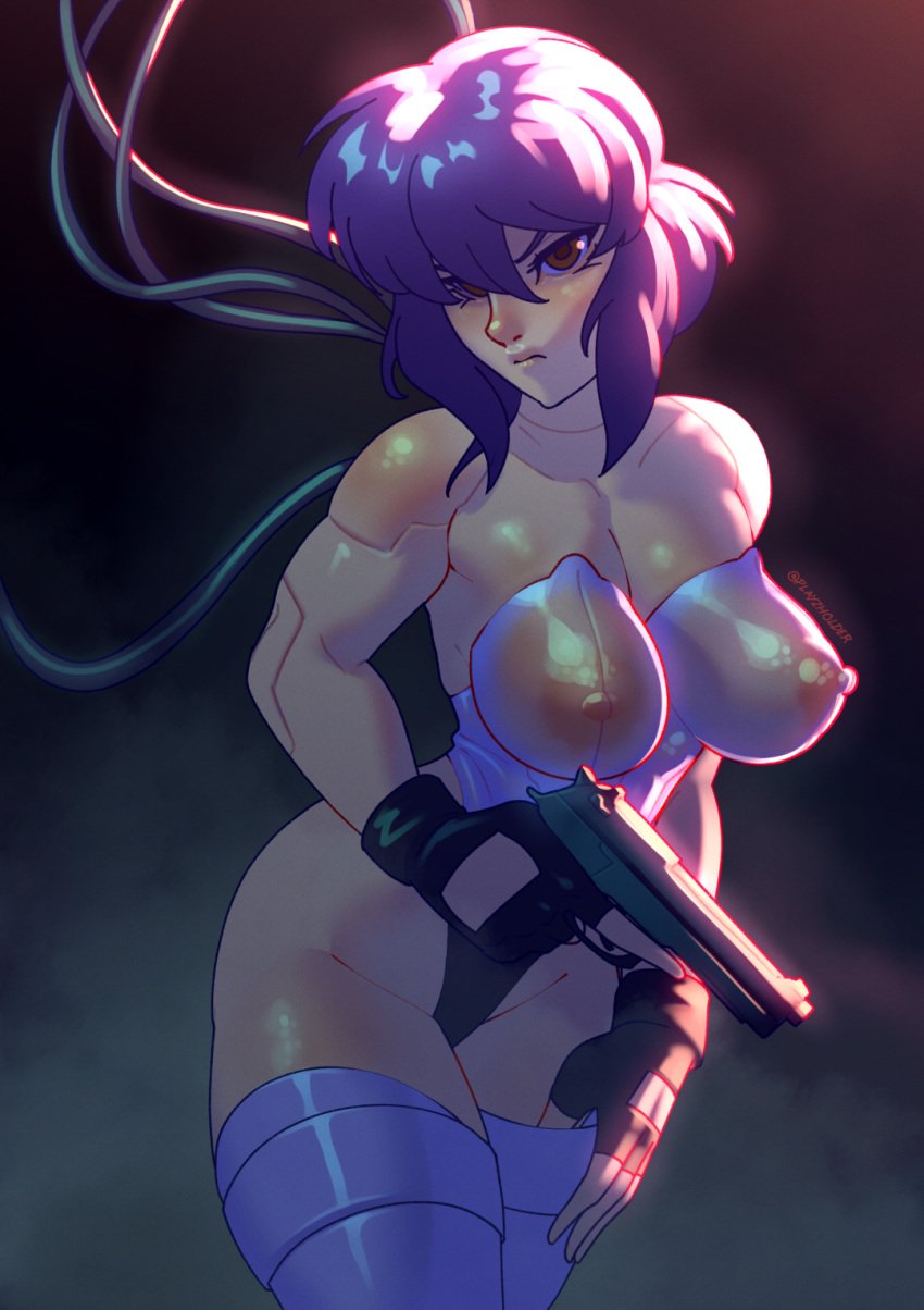 bodysuit breasts covered_nipples female ghost_in_the_shell ghost_in_the_shell_stand_alone_complex kusanagi_motoko playzholder purple_eyes solo thighhighs