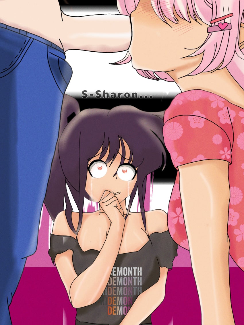 1boy 2girls blowjob borrowed_character crying crying_with_eyes_open cucked_lesbian cuckquean english_text fellatio leepicmochi lesbian_pride_colors oral orientation_play pride_color_clothing sharon_(grs-) straight_pride_colors talia_(grs-) watching