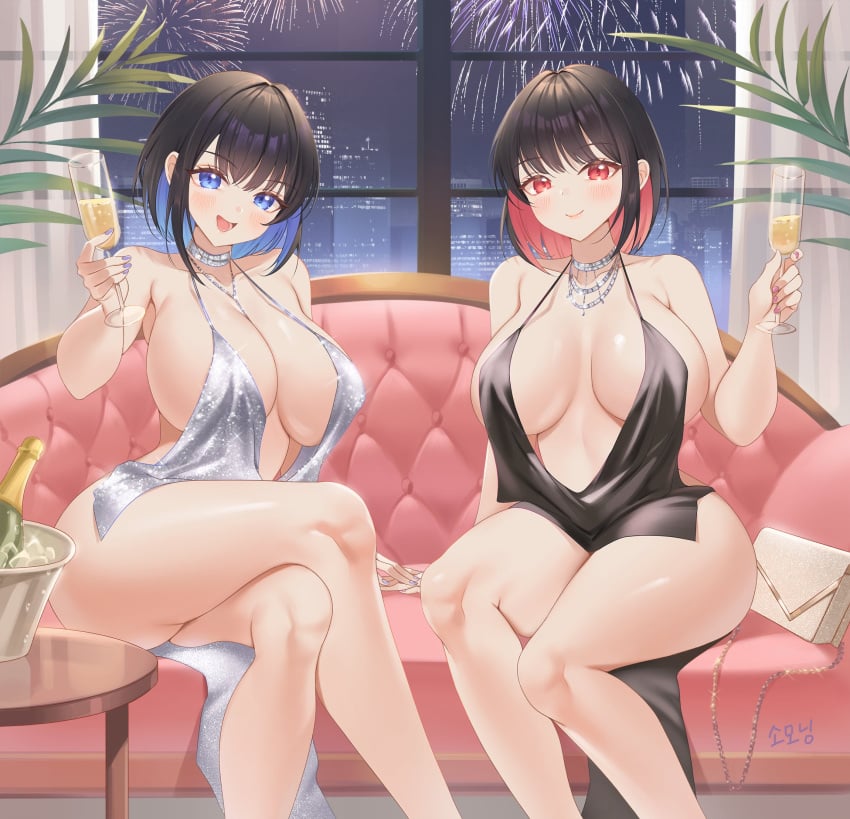 2girls black_hair black_survival black_survival:eternal_return blue_eyes bottle breasts champagne champagne_glass crossed_legs dress eternal_return:_black_survival fat_ass female female_focus female_only fireworks huge_breasts large_breasts light-skinned_female light_skin multicolored_hair no_bra red_eyes revealing_clothes revealing_dress revealing_outfit short_dress short_hair sitting skimpy skimpy_clothes skimpy_dress skimpy_outfit tagme thick_ass thick_thighs zzo_(chorizzzzo)