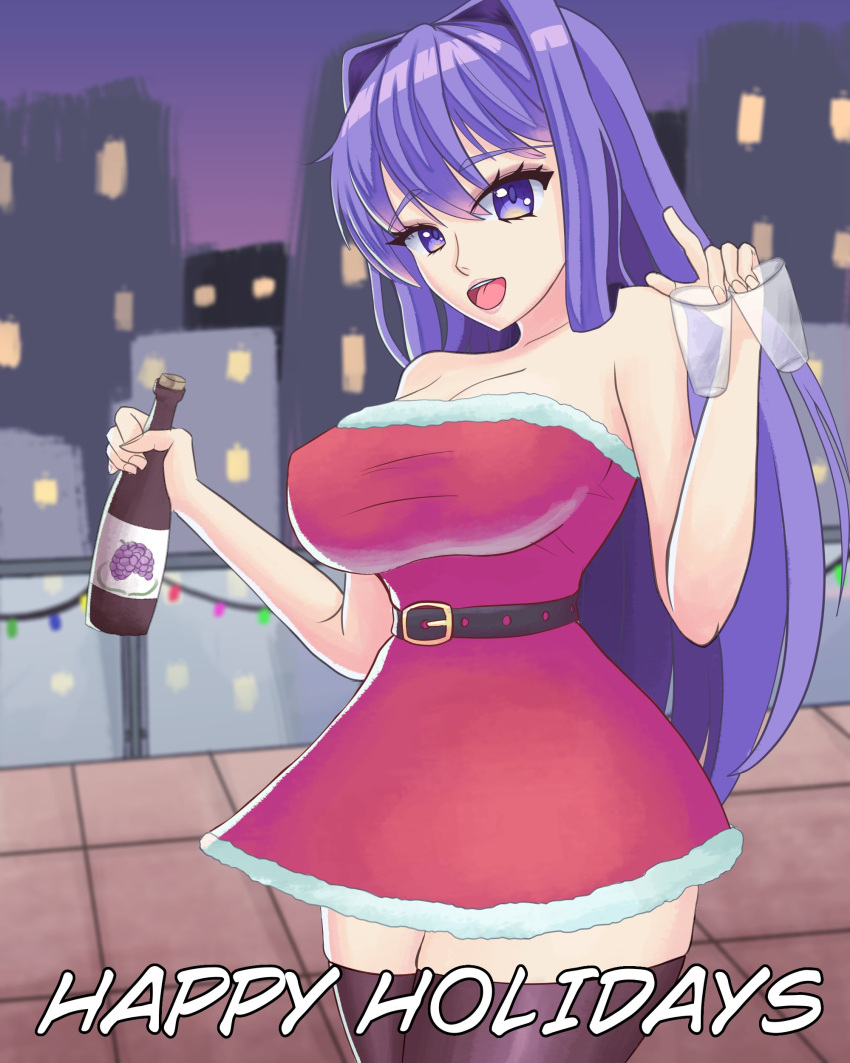 1girls alternate_version_available belt big_breasts bottle breasts christmas city city_background clothed clothed_female doki_doki_literature_club female female_only happy_holidays holding holding_alcohol holding_glass long_hair matching_hair/eyes moritaris open_mouth open_smile purple_eyes purple_hair santa_costume santa_dress smile solo solo_female thighhighs yuri_(doki_doki_literature_club)