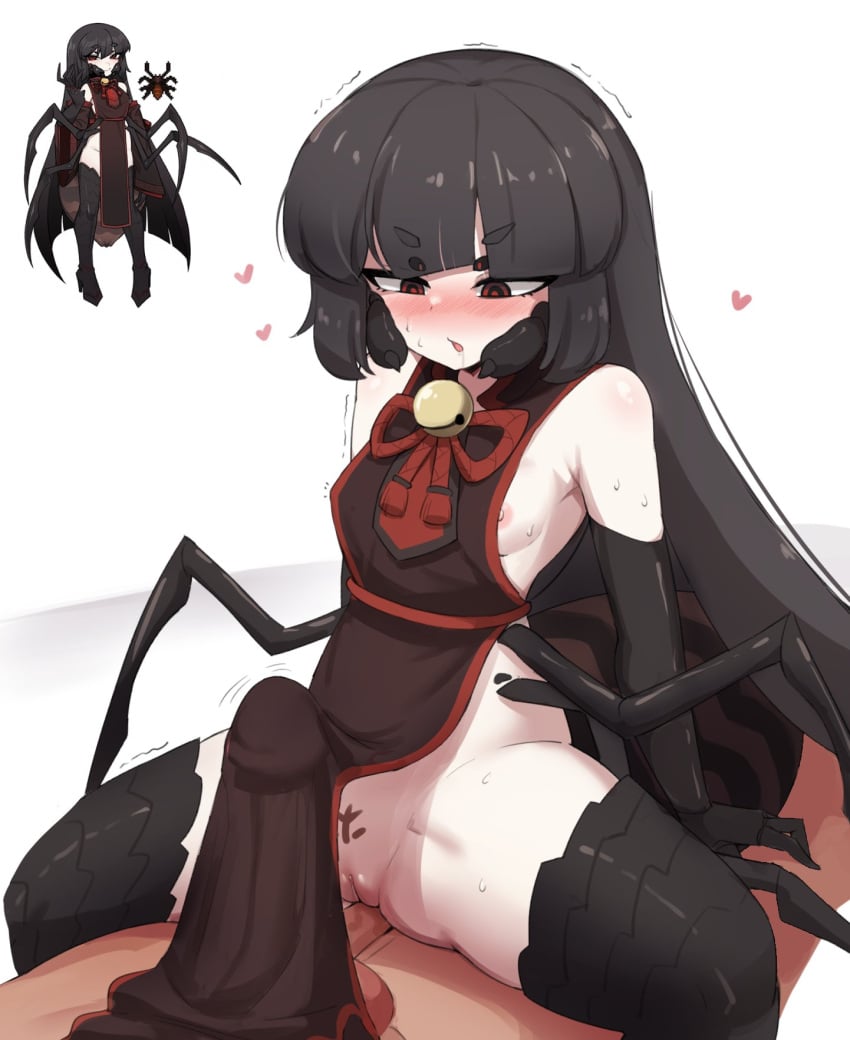 1boy arthropod_girl bare_shoulders bell black_eyes black_hair blunt_bangs blush borrowed_character breasts carapace commentary cowgirl_position creature_and_personification drooling english_commentary extra_ears female heart highres long_hair looking_at_penis mandibles nipples open_mouth personification pubic_tattoo pussy red_eyes reference_inset revision sideless_dress sidelocks sifserf simple_background small_breasts spider_girl straight sweatdrop tattoo terraria two-tone_eyes uncensored white_background