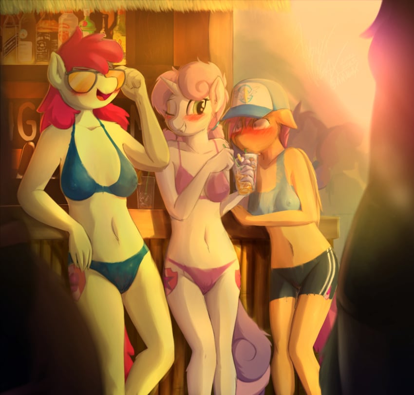 anonyxnugax anthro apple_bloom_(mlp) baseball_cap beverage blush bodypaint breasts clothing cutie_mark drinking earth_pony embarrassed equid equine eyewear female friendship_is_magic genitals glass group hasbro hat headgear headwear hi_res horn horse looking_away mammal my_little_pony nipples one_eye_closed painted_clothes painted_clothing pegasus pony pussy scootaloo_(mlp) sunglasses sweetie_belle_(mlp) trio unicorn wings