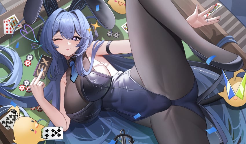 1girls azur_lane big_breasts blue_eyes blue_hair breasts bunny_girl bunnysuit card cleavage closed_mouth female female_only huge_breasts manjuu_(azur_lane) new_jersey_(azur_lane) new_jersey_(exhilarating_steps!)_(azur_lane) poker poker_table thick_thighs thighs tongue tongue_out wink