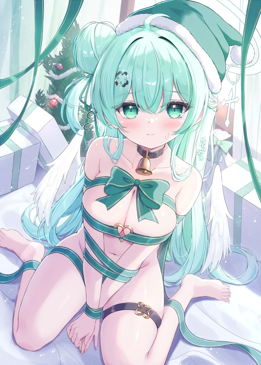 1girls bell_collar blush christmas christmas_present clover_hair_ornament female gift_box green_hair hair_bun hair_ornament highres huge_breasts long_hair mikaze_oto mostly_nude mostly_nude_female original original_character present_wrap santa_hat shortstack sitting_on_bed sweatdrop thigh_strap tied_up wariza wrappings